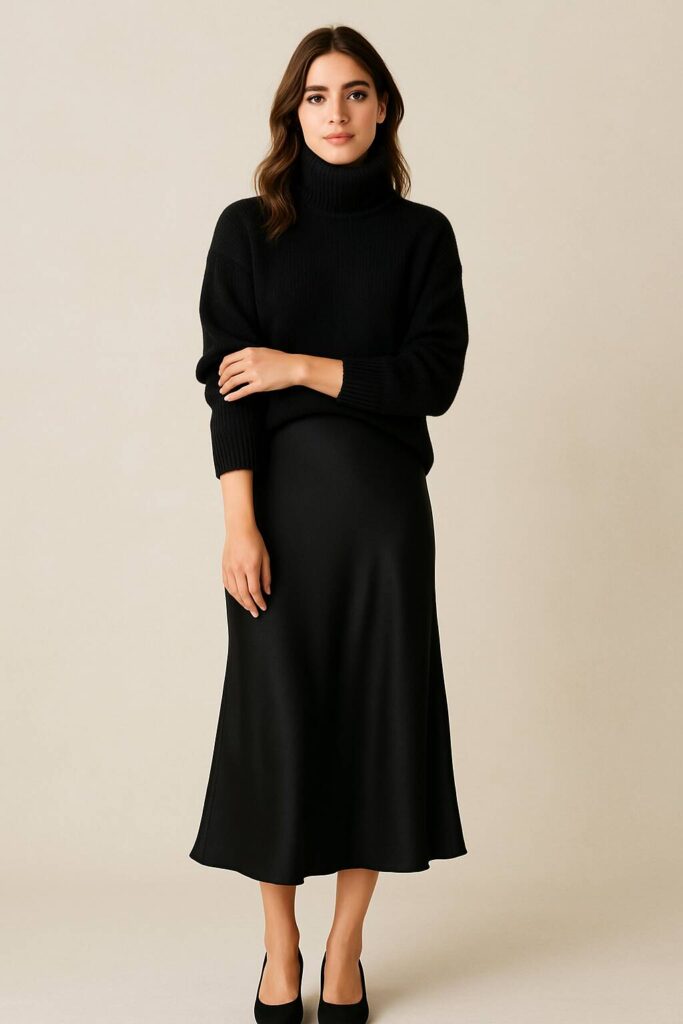 Black Silk Skirt with a Turtleneck Sweater