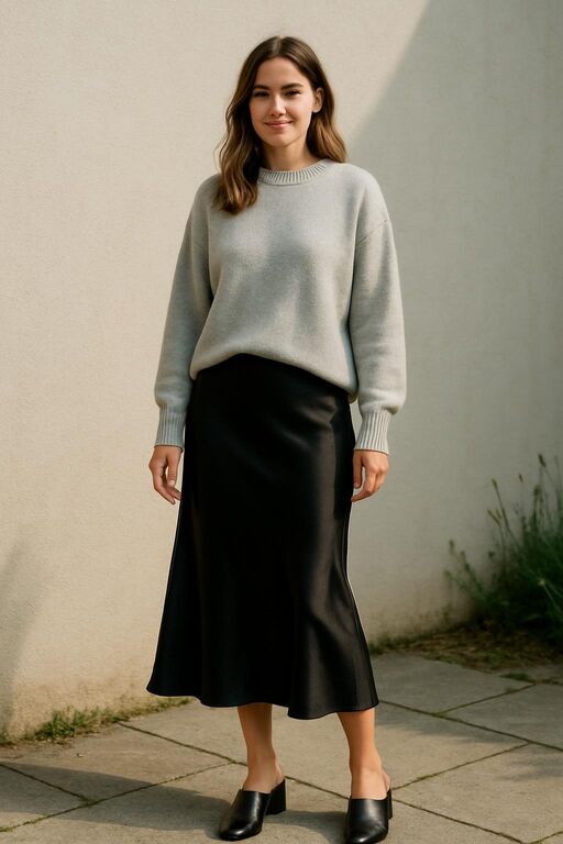 Black Silk Skirt with an Oversized Sweater