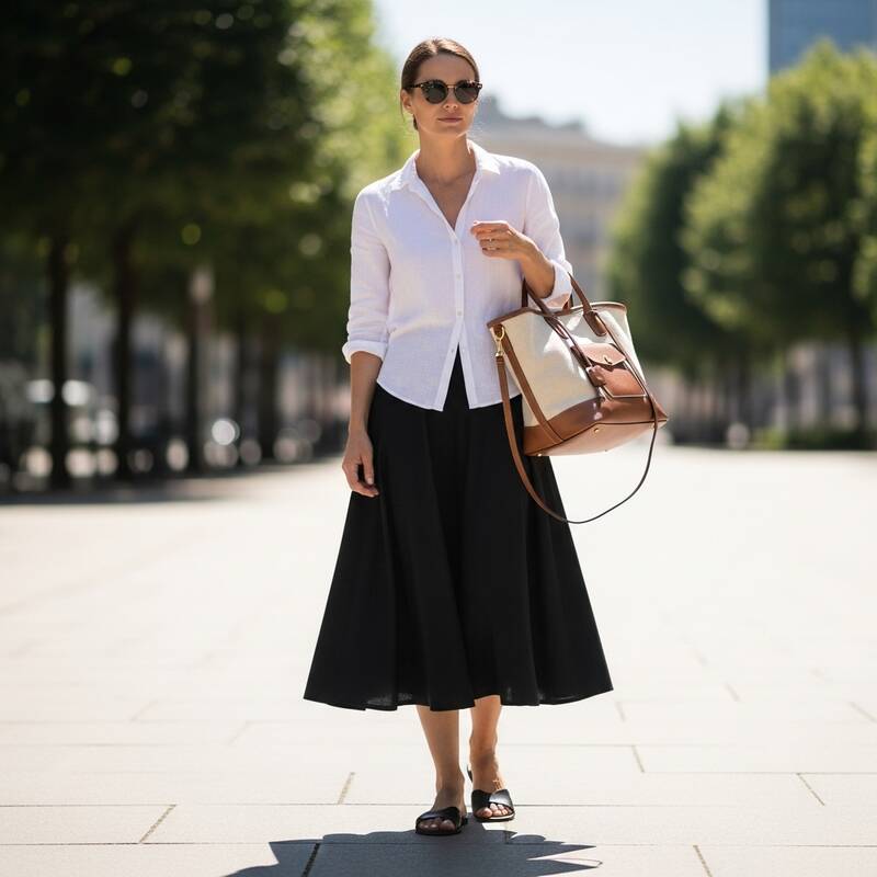 Black Skirt with a Linen Top
