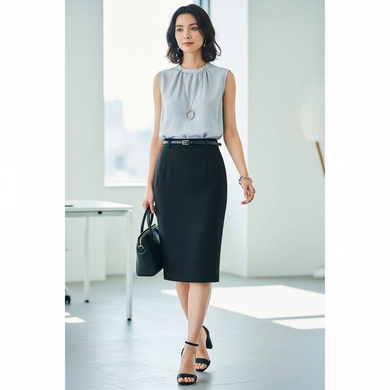 Black Skirt with a Sleeveless Blouse