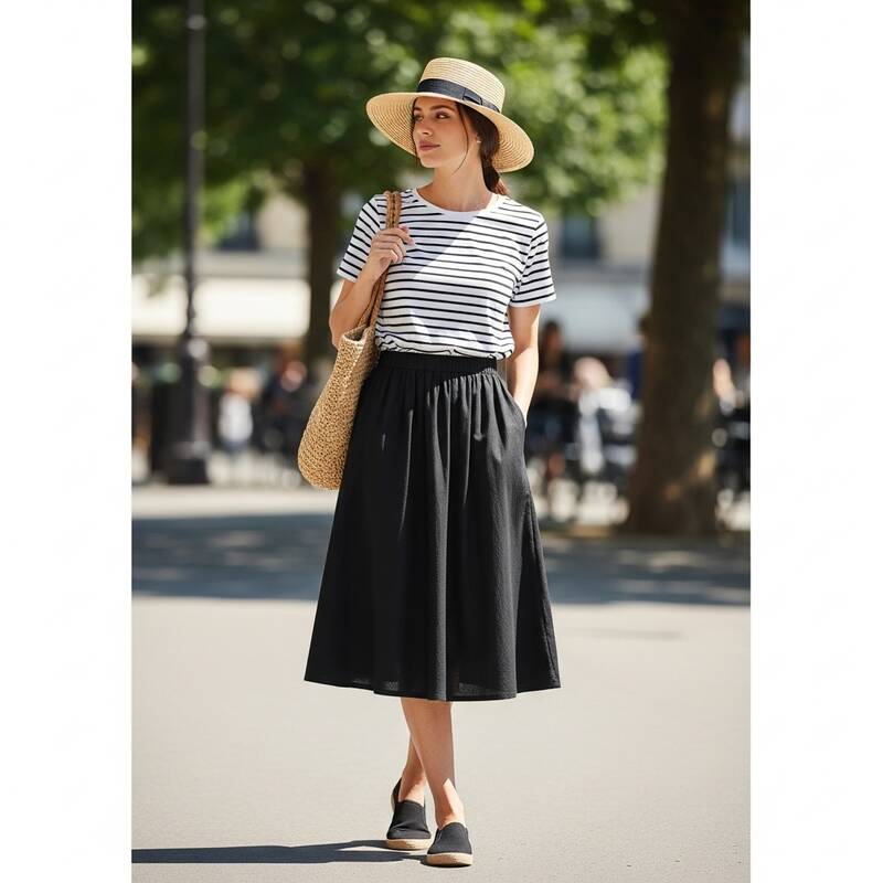 Black Skirt with a Striped Tee