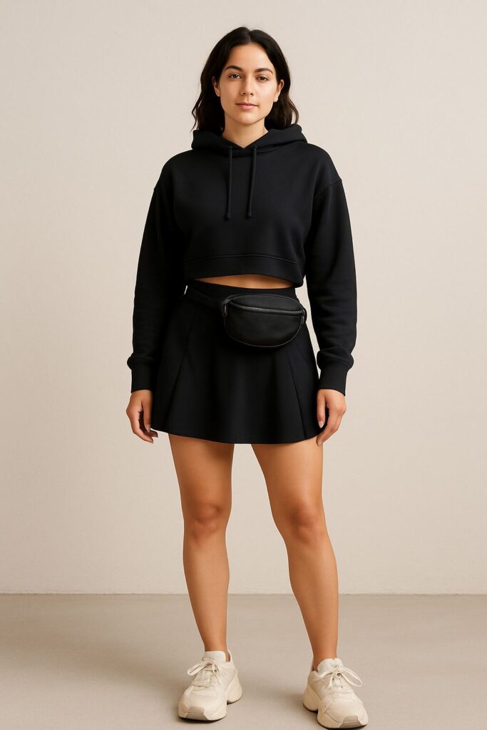 Black Tennis Skirt with a Cropped Hoodie