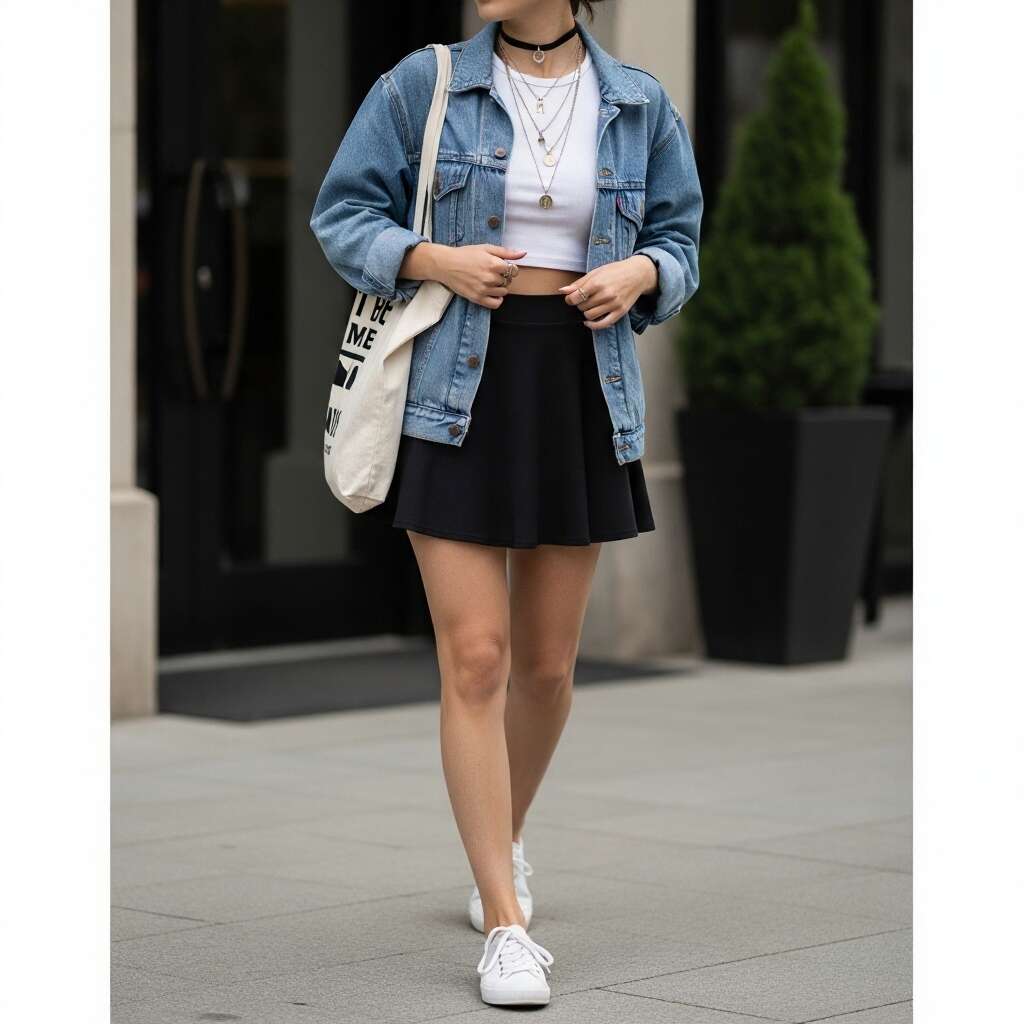Black Tennis Skirt with a Denim Jacket
