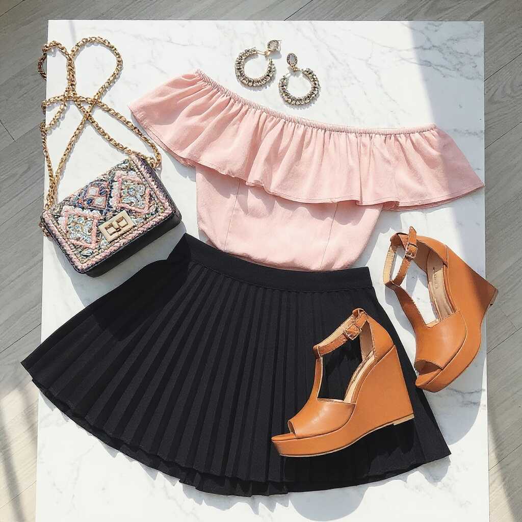 Black Tennis Skirt with an Off-Shoulder Top