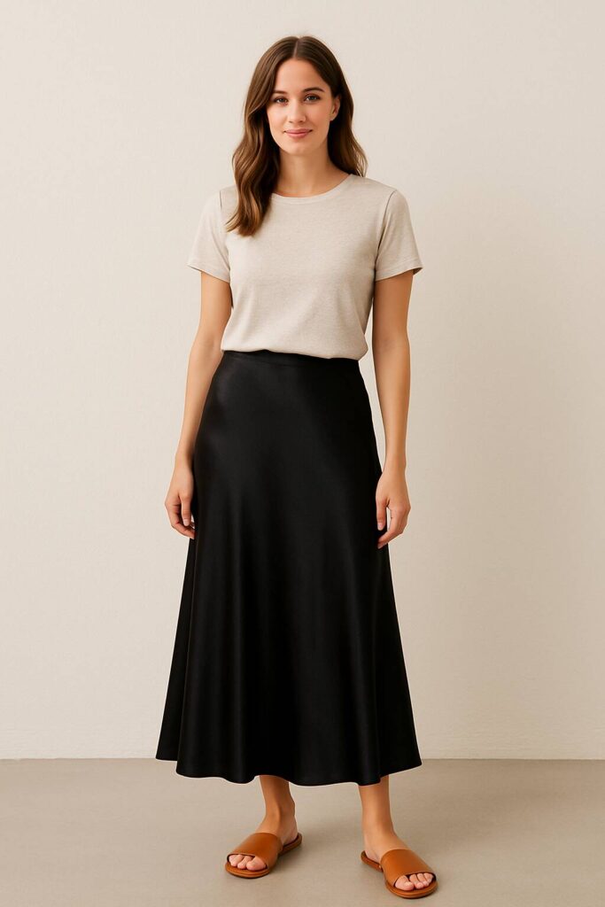 Casual Tee with a Black Silk Skirt