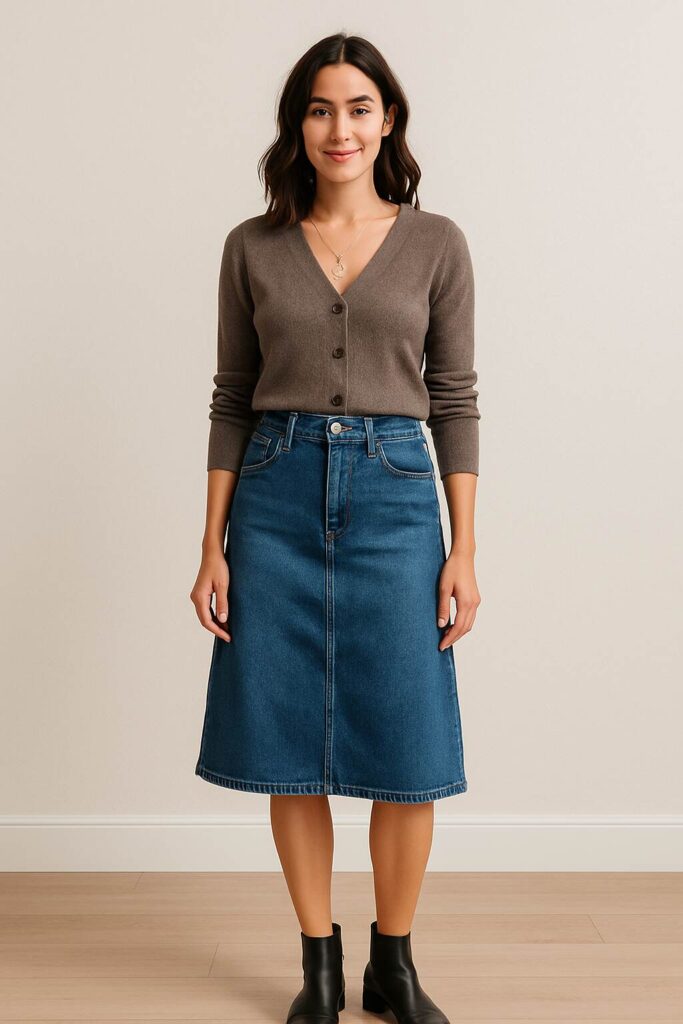 Denim Mini Skirt with a Cardigan