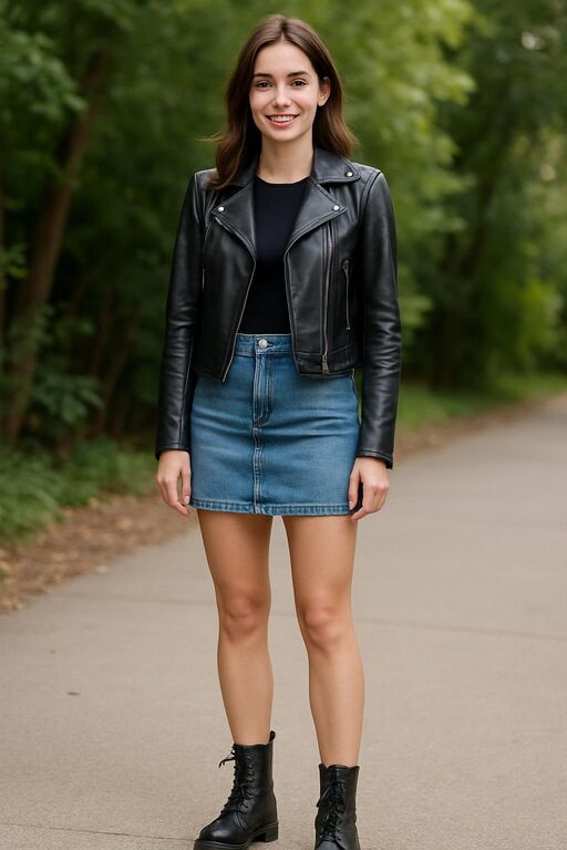 Denim Mini Skirt with a Leather Jacket