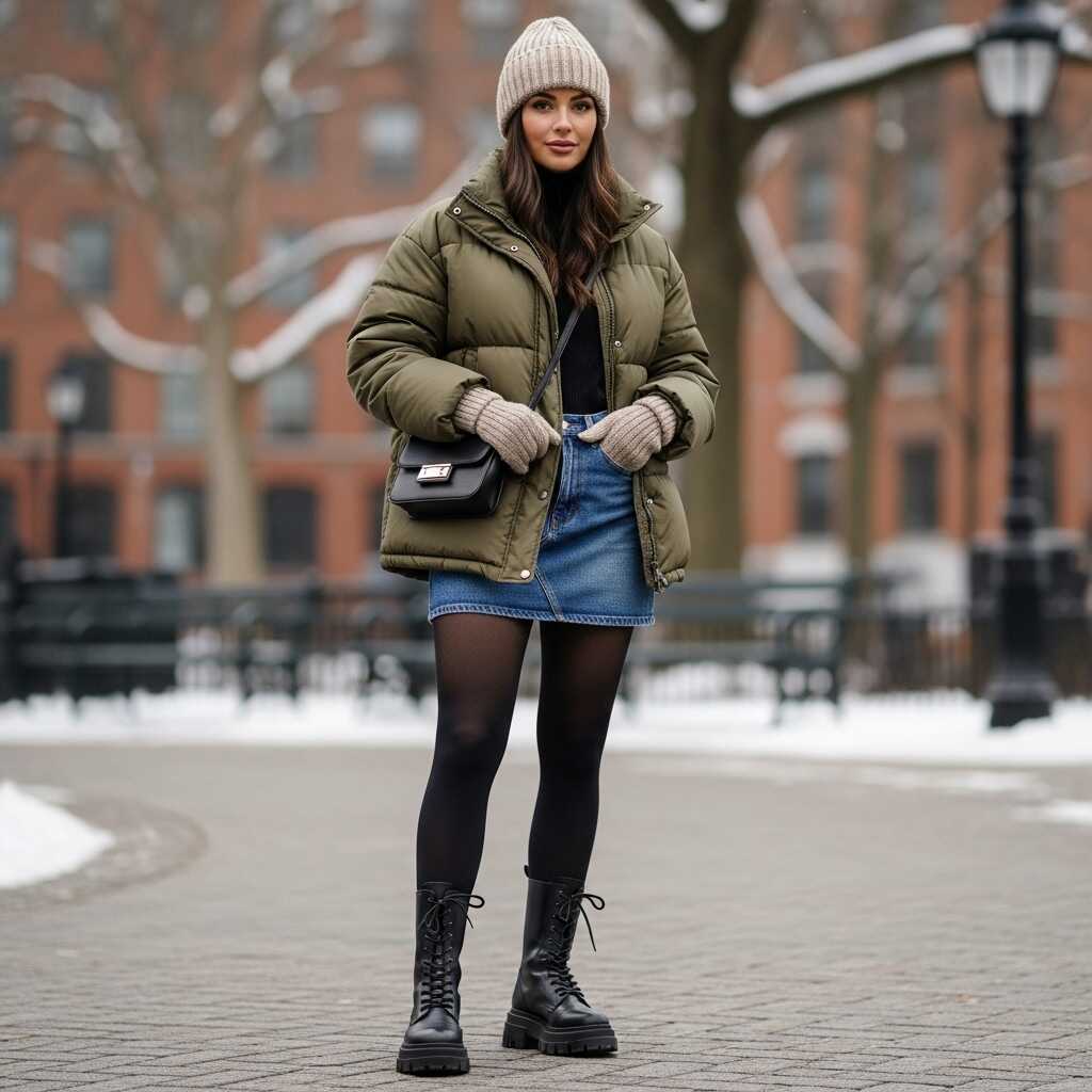 Denim Mini Skirt with a Puffer Jacket