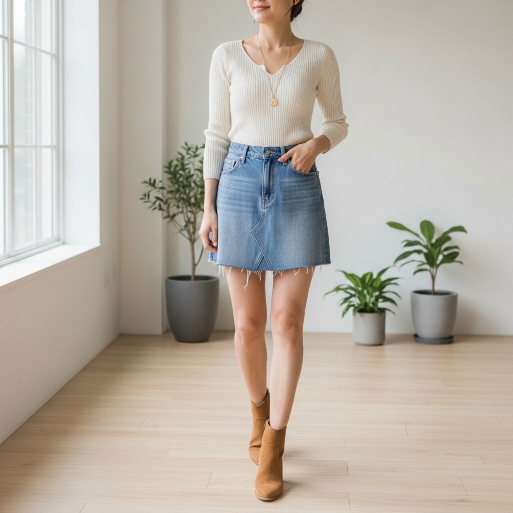 Denim Skirt with a Knit Top