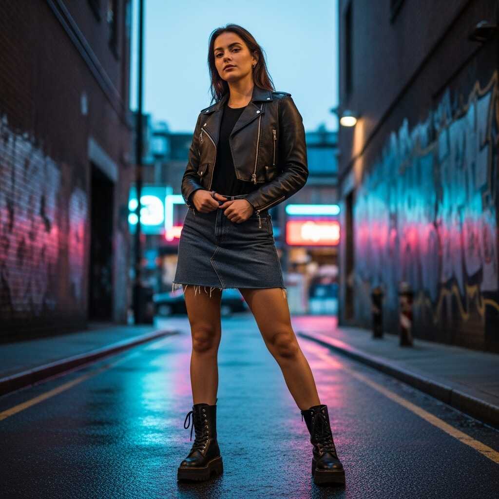 Denim Skirt with a Leather Jacket