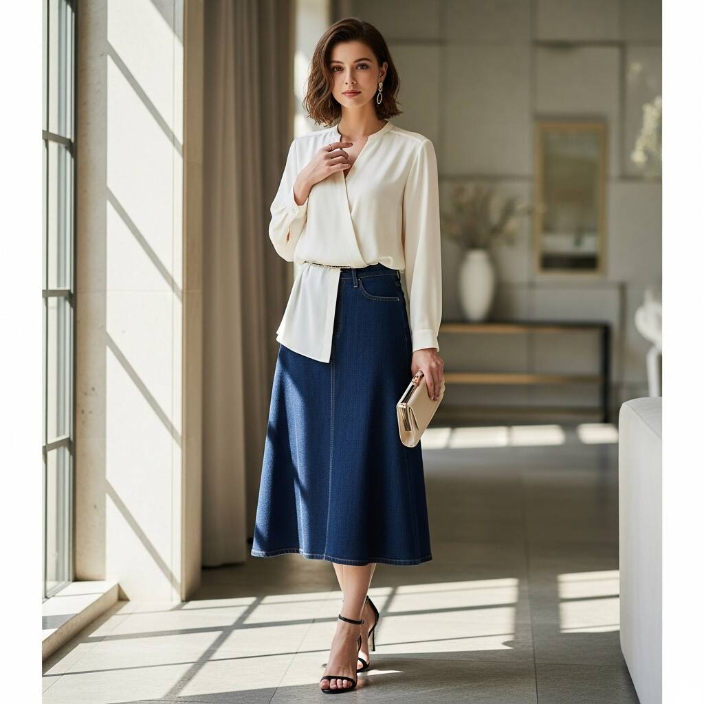 Denim Skirt with a Silk Blouse
