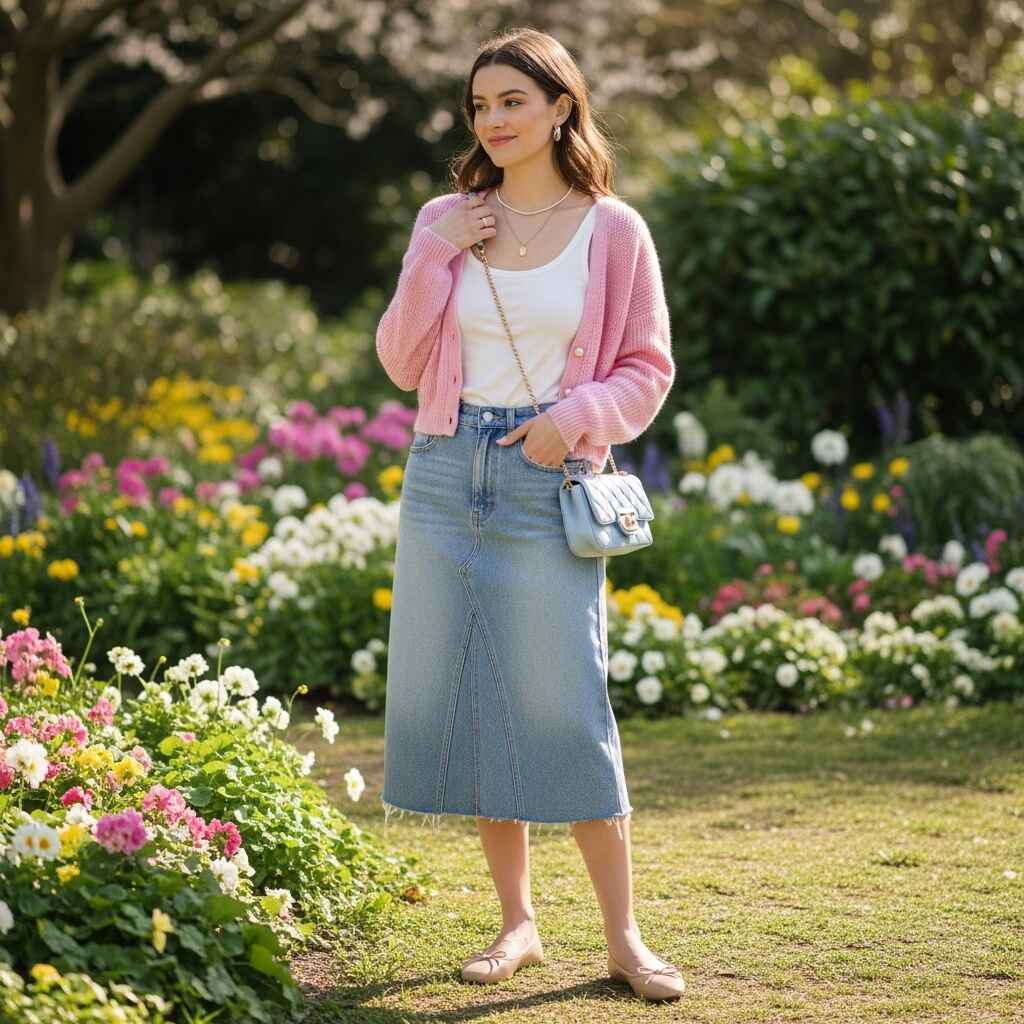 Denim Skirt with a Tank Top and Cardigan
