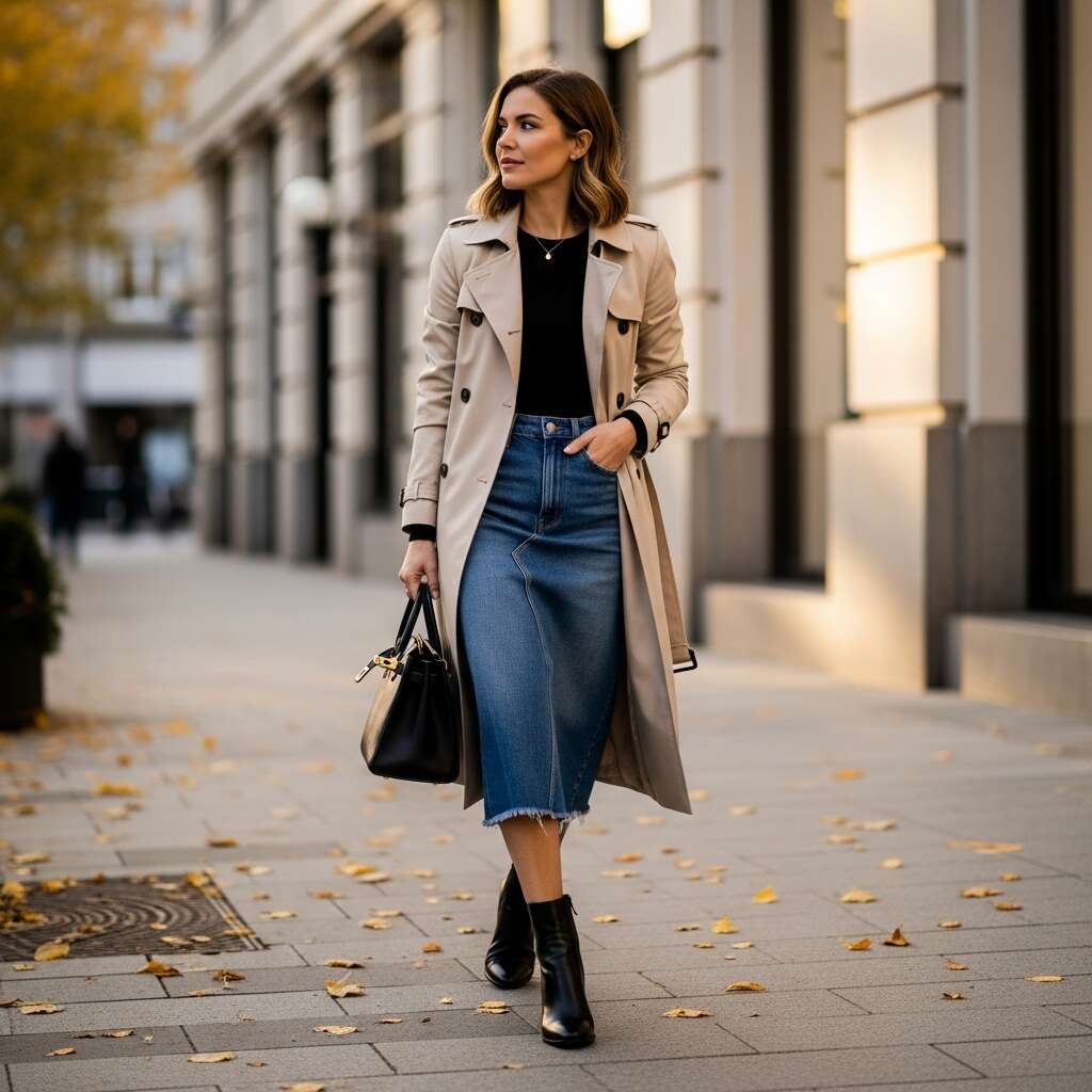 Denim Skirt with a Trench Coat