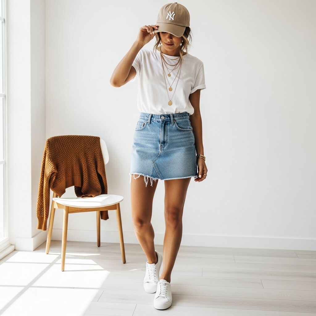 Denim Skirt with a White T-Shirt and Sneakers