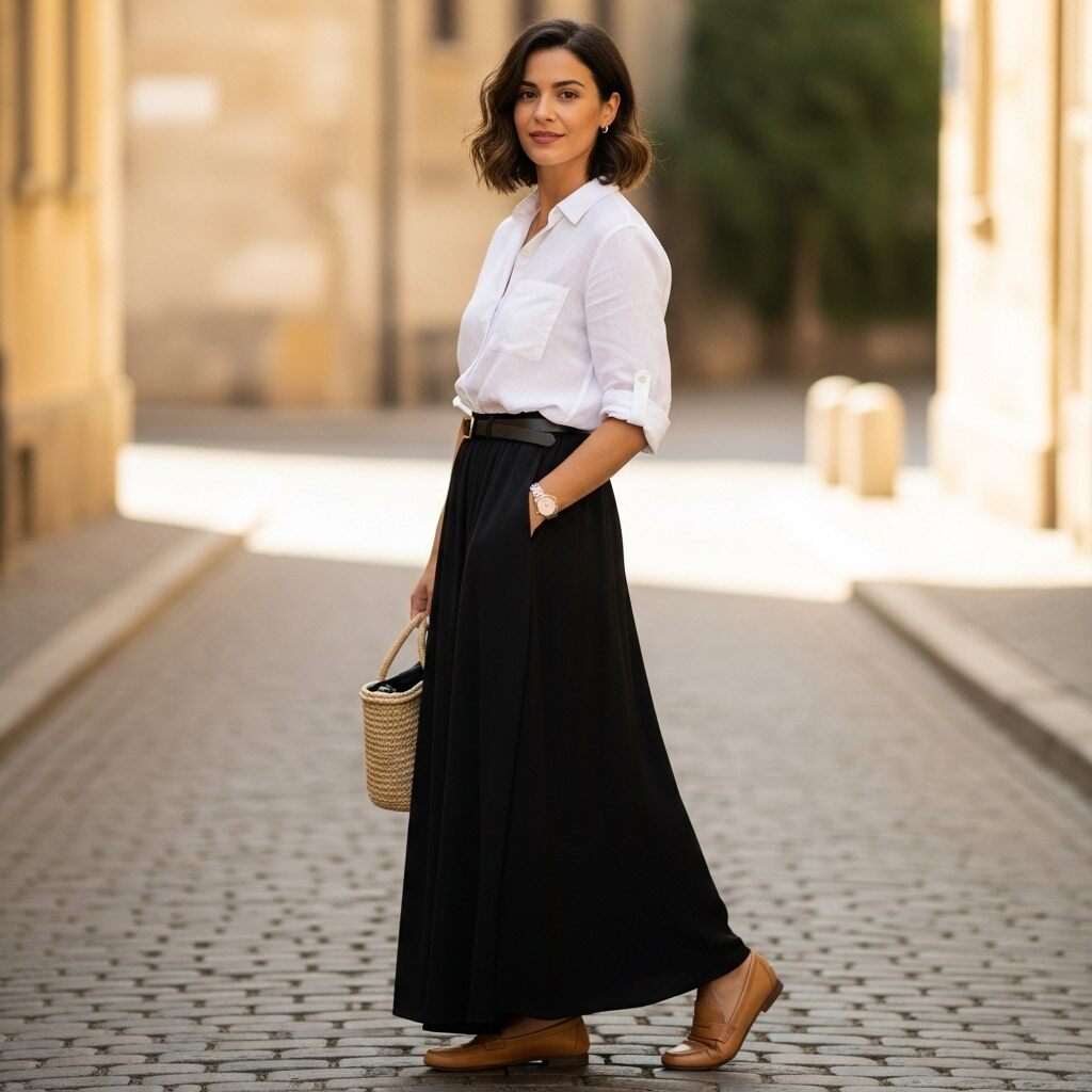  Long Black Skirt with a Button-Up Shirt