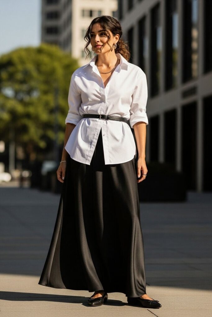  Long Black Skirt with a Crisp White Shirt