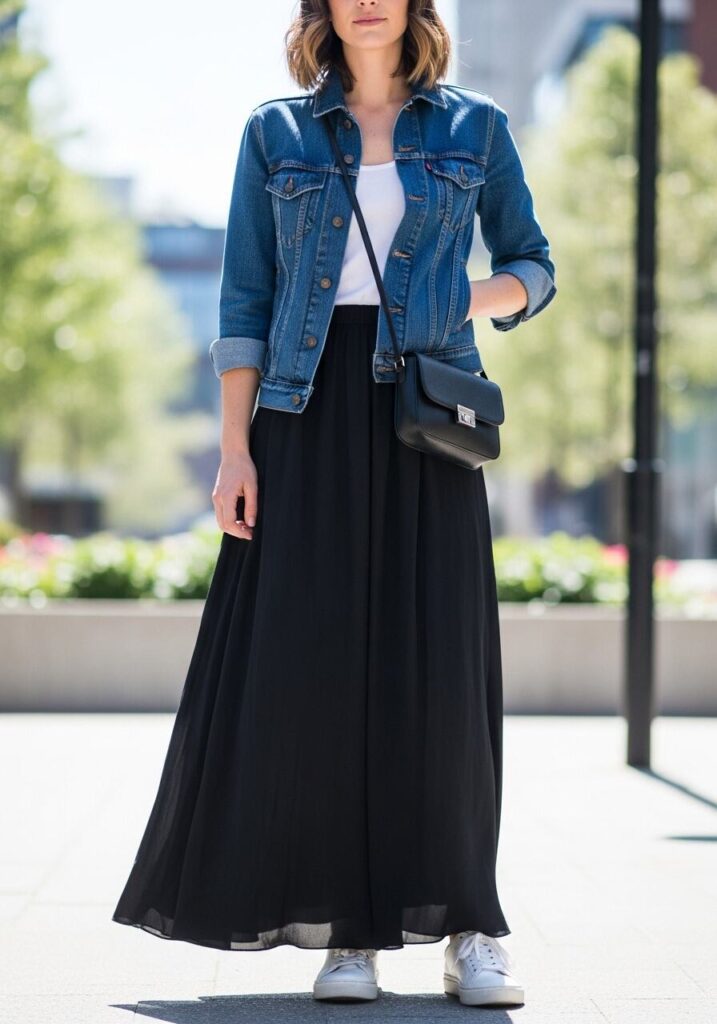  Long Black Skirt with a Denim Jacket