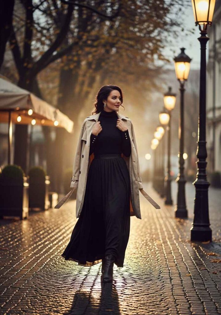  Long Black Skirt with a Fitted Turtleneck