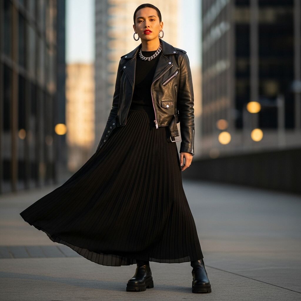 Long Black Skirt with a Leather Jacket