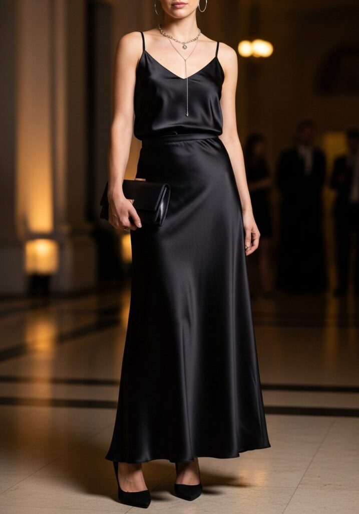 Long Black Skirt with a Satin Cami