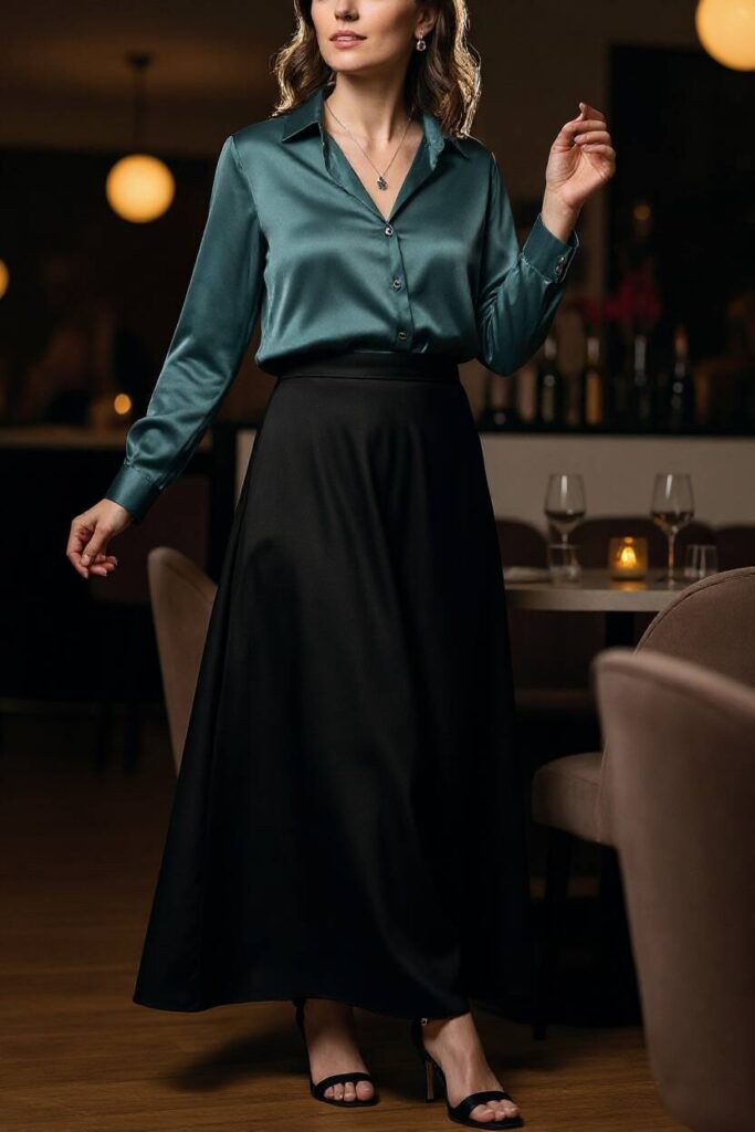 Long Black Skirt with a Silk Blouse