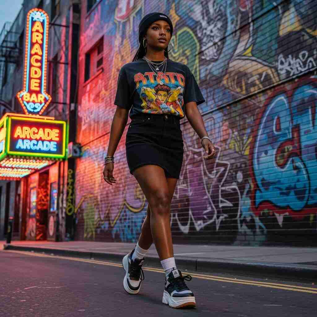 Mini Skirt with a Graphic Tee