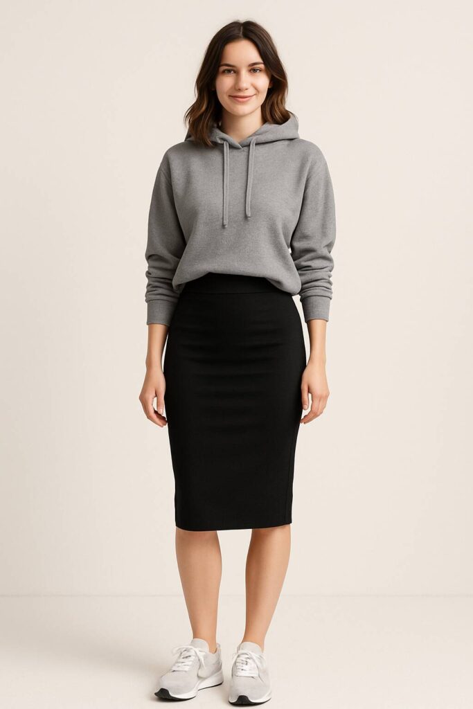Pencil Black Skirt with a Casual Hoodie and Sneakers