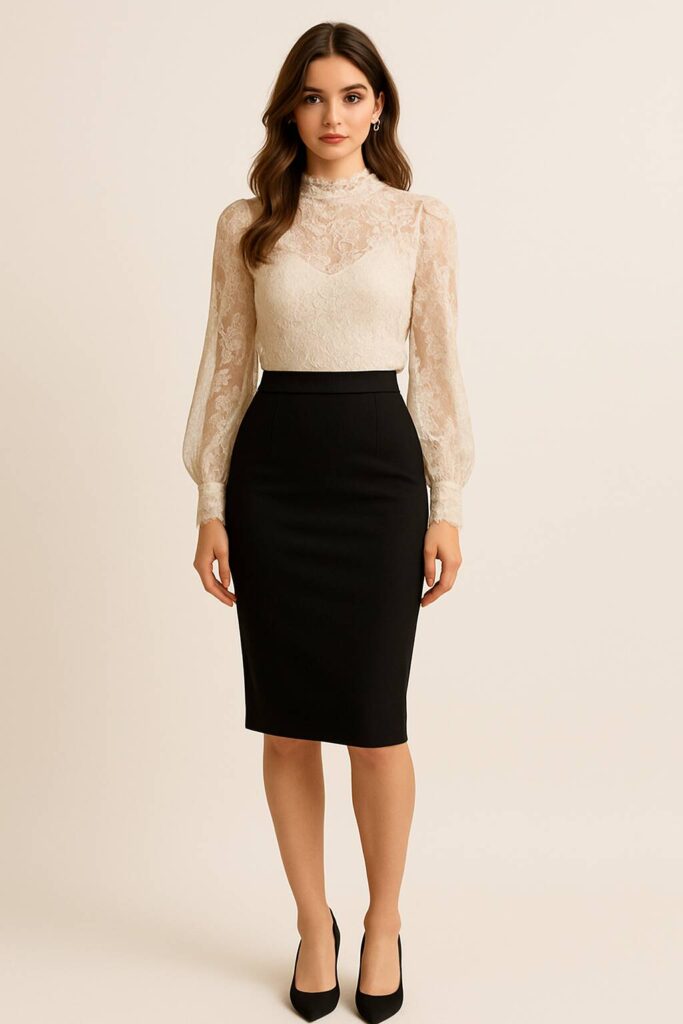 Pencil Skirt with a Lace Blouse