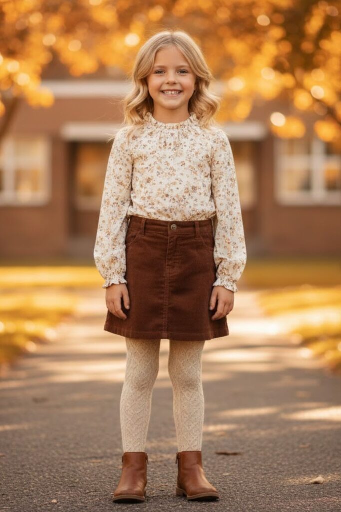 10. Corduroy Skirt with a Tucked-In Blouse