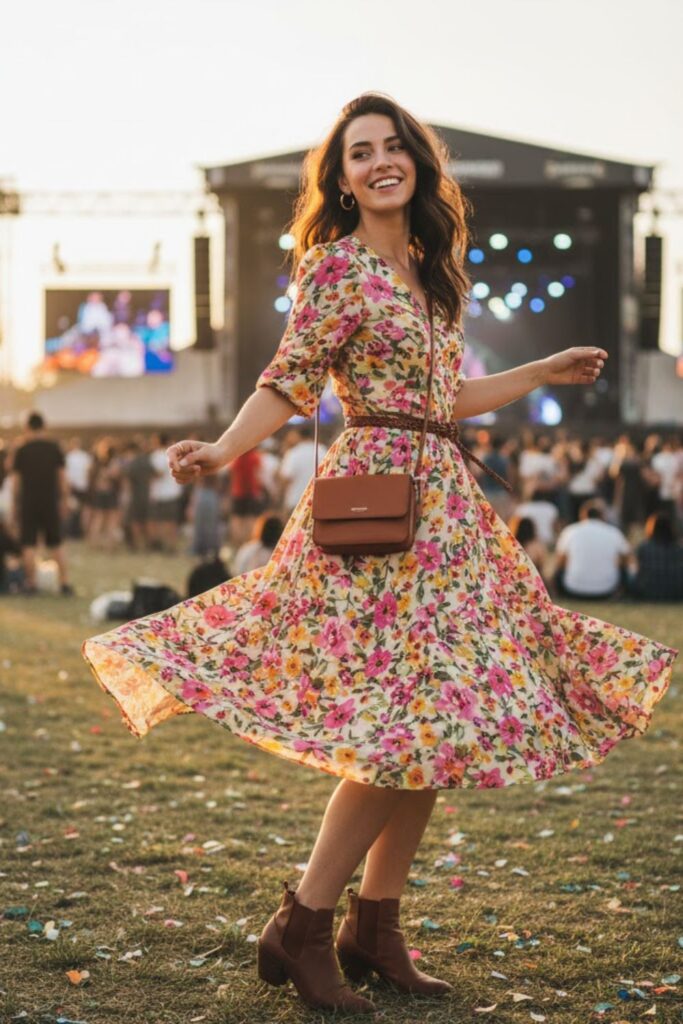 10. Floral dress + ankle boots