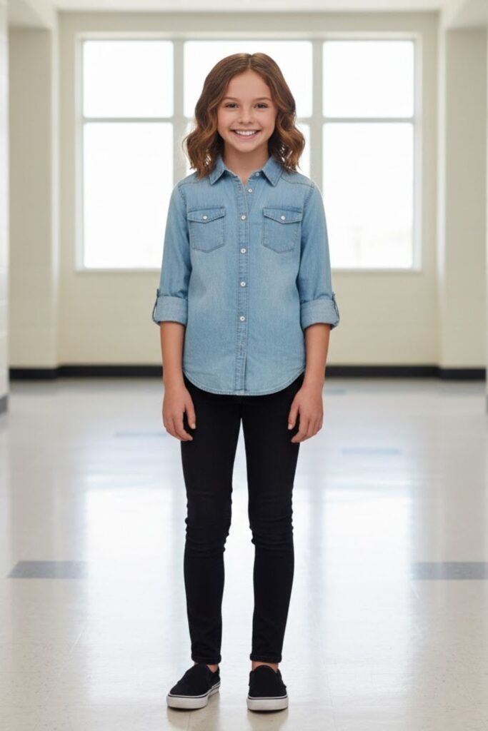 15. Button-Up Denim Shirt with Black Jeans