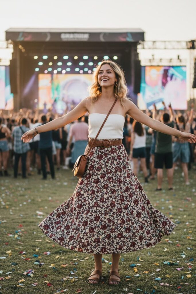15. Maxi skirt + tube top + sandals