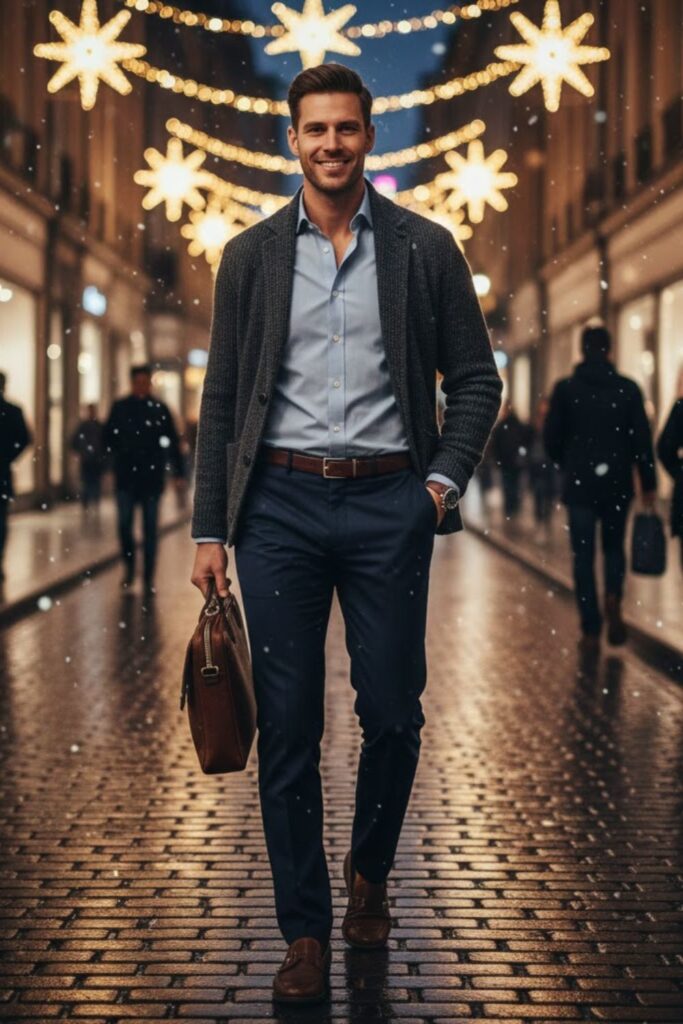 16. Cardigan with Button-Down Shirt and Trousers