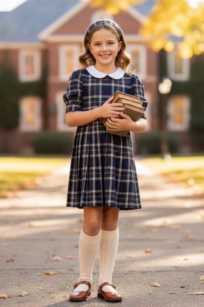 2. Plaid Dress with Knee-High Socks