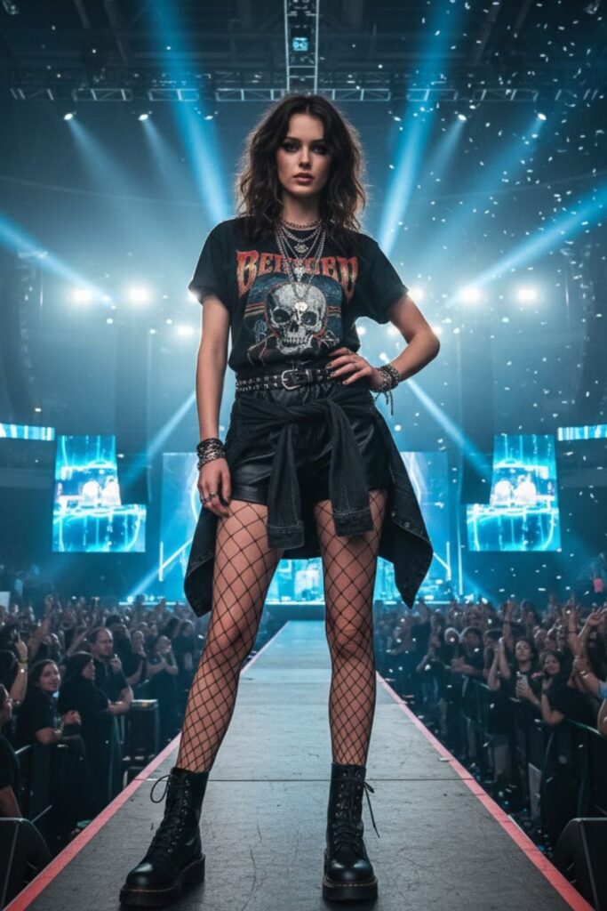 4. Leather shorts + band tee + boots