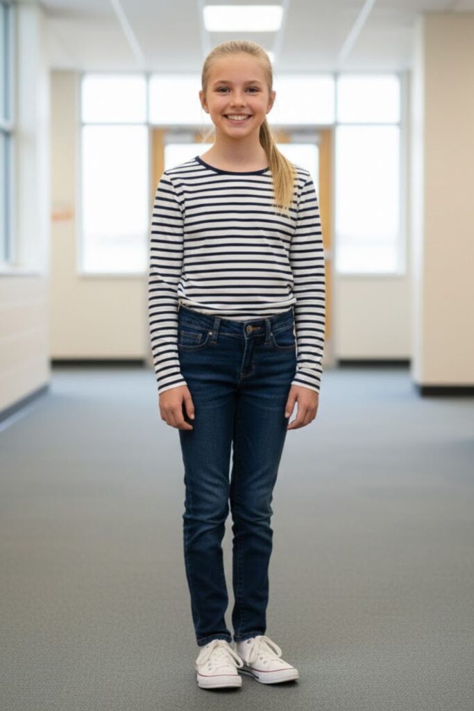 7. Striped Long-Sleeve Shirt with Dark Jeans