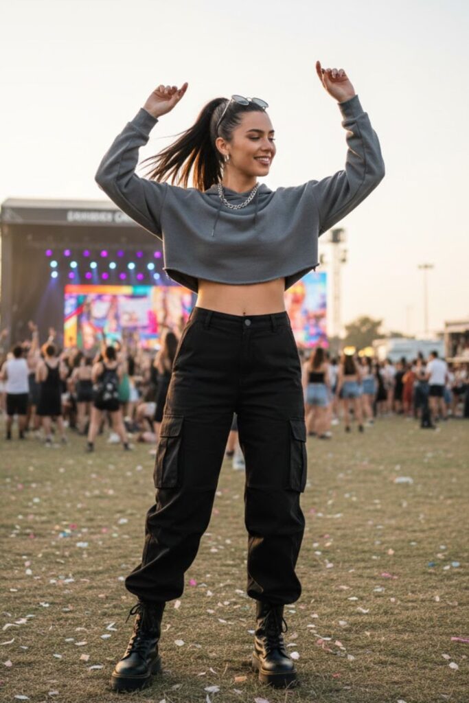 9. Cargo pants + cropped hoodie + boots