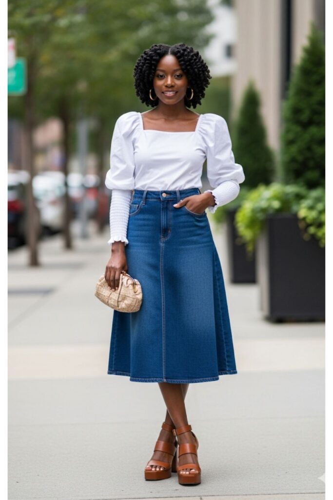 A-Line Denim Skirt with a Puff-Sleeve Blouse