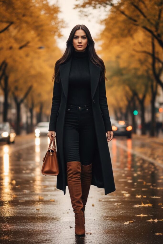  All-Black Look with Brown Boots