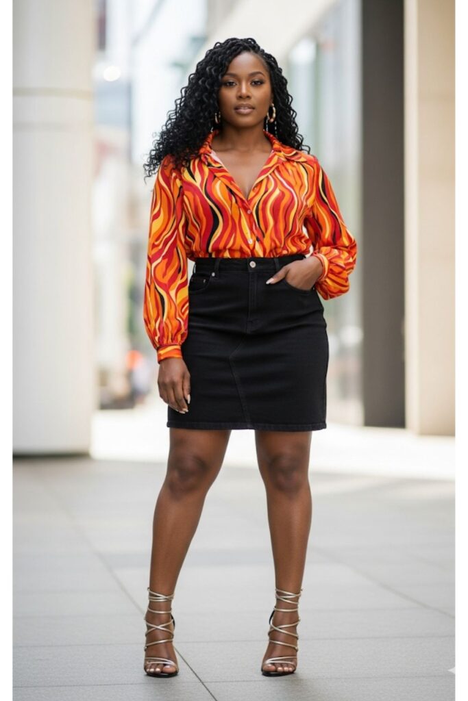 Black Denim Skirt with a Vibrant Top