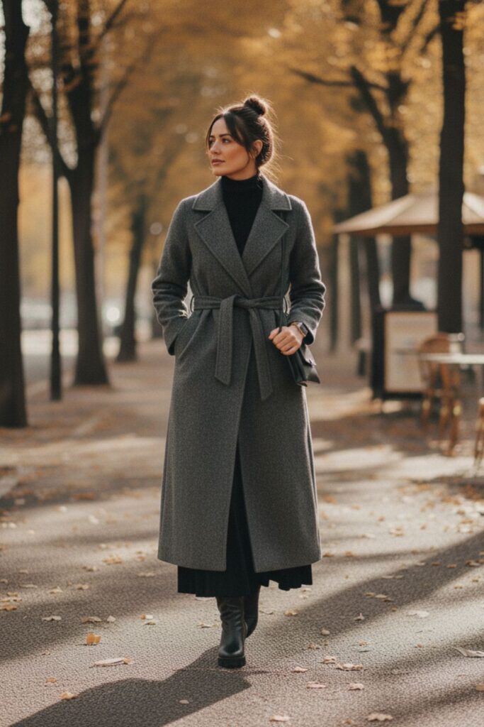 Black Maxi Skirt with Belted Coat