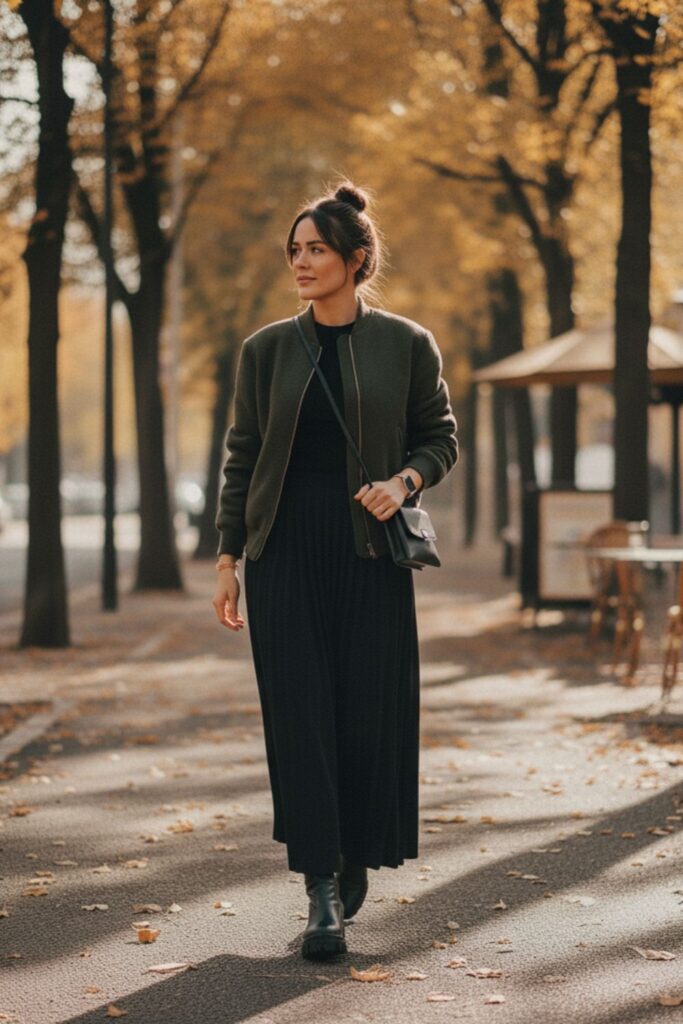Black Maxi Skirt with Bomber Jacket