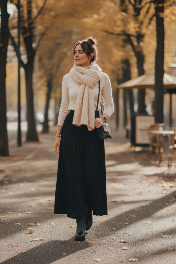 Black Maxi Skirt with Chunky Scarf and Boots