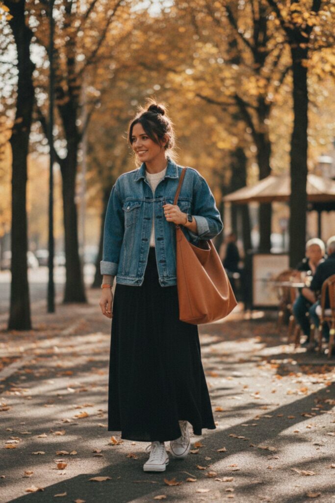 Black Maxi Skirt with Denim Jacket