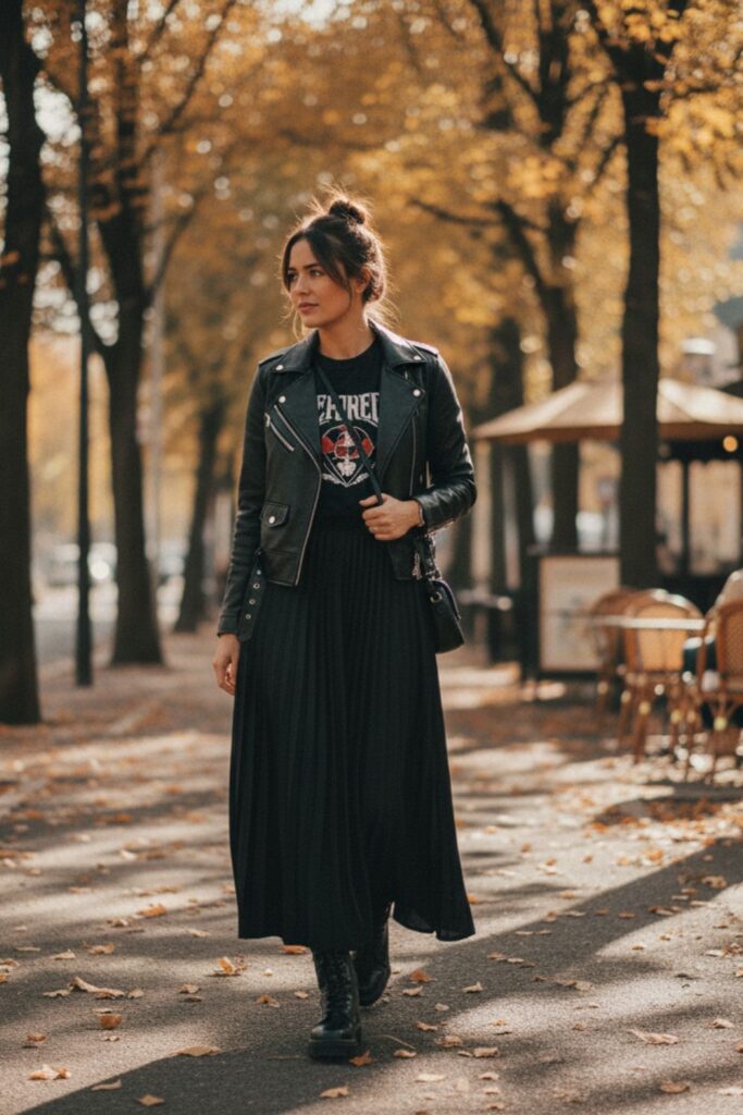 Black Maxi Skirt with Graphic Tee and Jacket