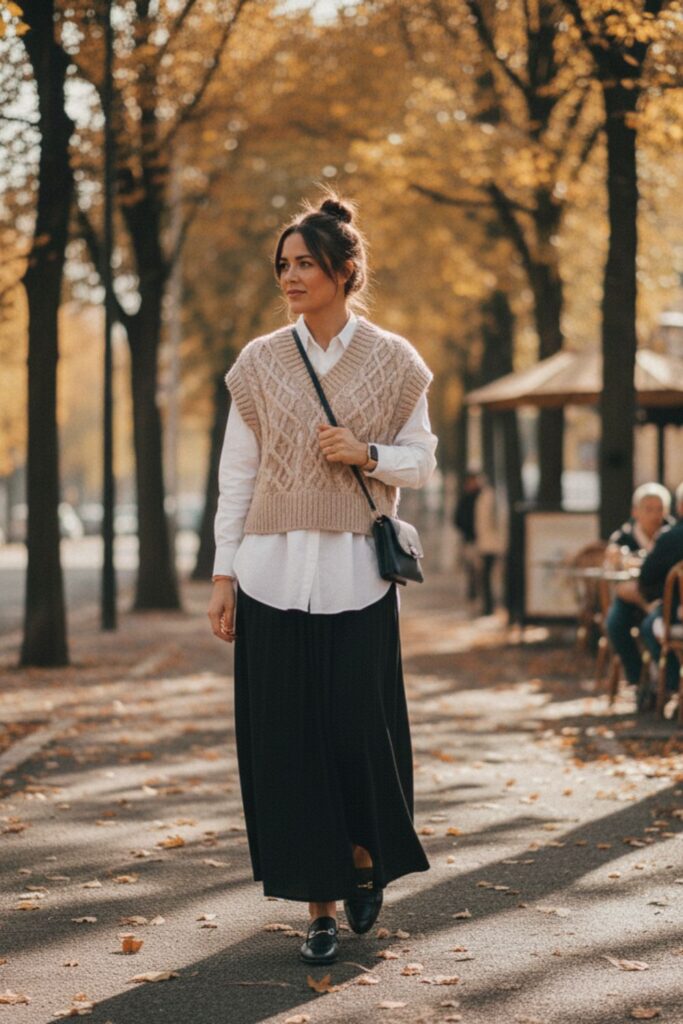 Black Maxi Skirt with Knit Vest
