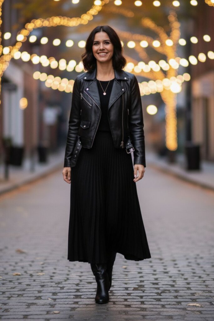 Black Maxi Skirt with Leather Jacket