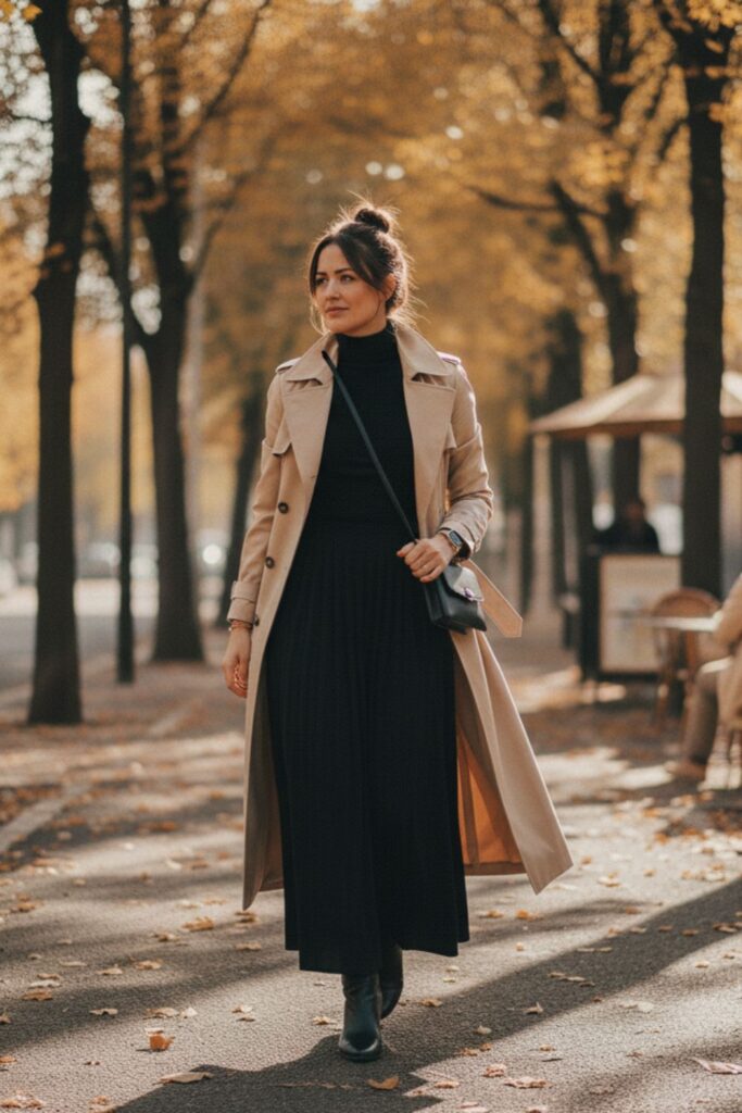 Black Maxi Skirt with Trench Coat