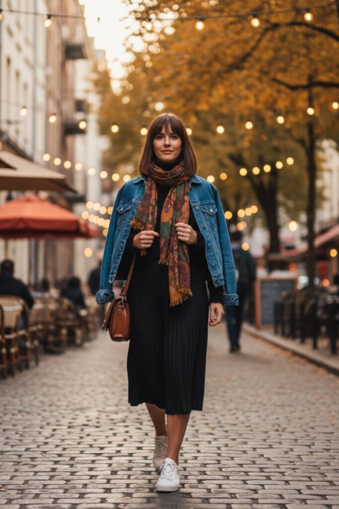Black Midi Skirt with Denim Jacket