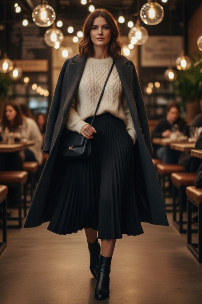 Black Pleated Skirt with Chunky Sweater